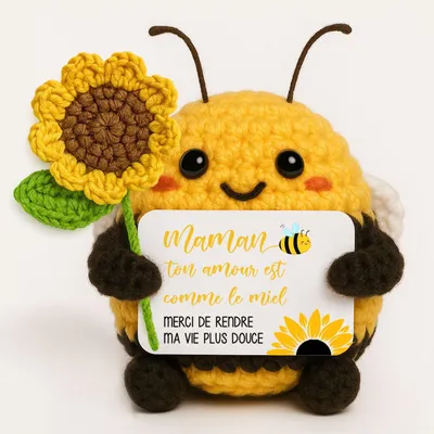Fröhliche Biene mit Sonnenblumen, handgefertigt gehäkelt, Geschenk für Mama
