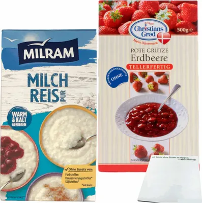 Produktbild von Milram Milchreis pur (1kg Packung) & Chr.Grod Grütze Erdbeer (500g Packung) + usy Block