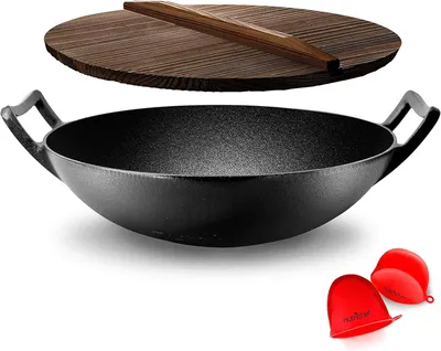 Produktbild von NutriChef Wokpfanne, Wok, 30cm- Wokpfanne Induktion, Wok Gusseisen- mit Holzdeckel, Kazan Gusseisen, Integrierte Tragegriffe, Pfanne Antihaft