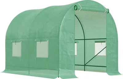 Produktbild von Gewächshaus 245x200x198cm Foliengewächshaus Tomatenhaus mit Tür, 4 Fenster, Folientunnel aus verzinktem Stahl, PE, stabiles Treibhaus Pflanztunnel, inkl. Erdanker & Seilen, Grün