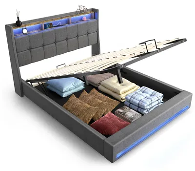 Imagen del producto de Cama doble - Cama con almacenamiento - Estructura de cama - Cama con sistema de elevación neumática - Cama con iluminación LED - 140x200 cm