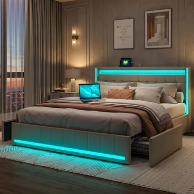 Obrázok produktu pre Postel s úložným priestorom 180x200 cm, posteľ s úložným priestorom, 4 zásuvky, čalúnená posteľ s LED osvetlením a USB portmi, dvojlôžková posteľ s roštom, posteľ pre mládež, materiál: ľan, farba: béžová
