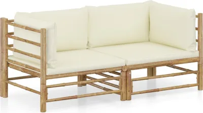 Produktbild von 2-tlg. Garten-Lounge-Set mit Cremeweißen Kissen Bambus
