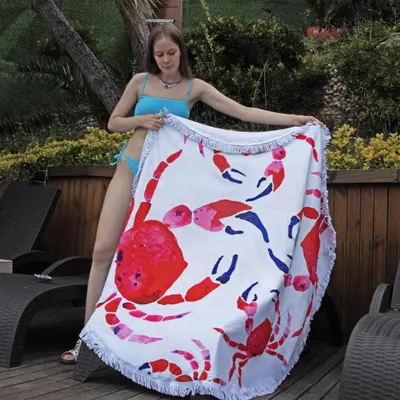 Zdjęcie produktu dla Okrągły ręcznik plażowy Anemoss Crab, ultrachłonny ręcznik kąpielowy, koc piknikowy bez piasku, miękki koc plażowy o wysokiej chłonności, szybkoschnący, specjalna konstrukcja, łatwy w pielęgnacji, Ø 150 cm, biało-czerwony