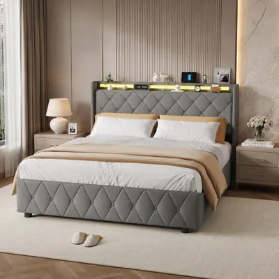 Zdjęcie produktu dla Łóżko tapicerowane INONEFT, 140x200 cm, z oświetleniem LED i portami USB, jedno łóżko z 4 szufladami, łóżko młodzieżowe z pojemnikiem na pościel, obicie z flaneli, kolor: szary, Obraz wygenerowany przez AI