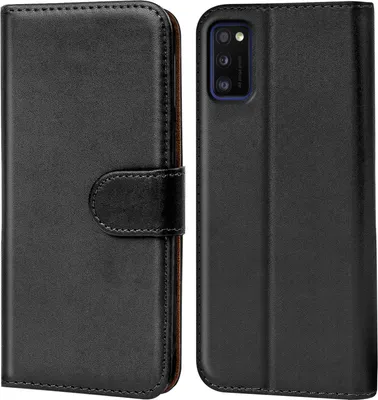 A black flip case for a Samsung Galaxy A41 phone is shown from the front and back.
