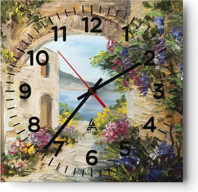 Produktbild von Wanduhr - Quadrat - Glasuhr - Haus Santorini Blumen - 40x40cm - Schleichendes Uhrwerk - Lautlos - zum Aufhängen bereit - Dekoration Modern - Wanddekoration aus Glas - C4AC40x40-4191