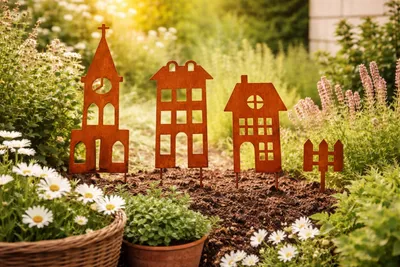 Produktbild von Rustikales Stahldorf – Dekorative Gartenstecker mit Häusern, Set mit 4 Motiven