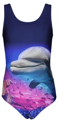 Produktbild von Aquarti Mädchen Badeanzug mit Ringerrücken Print, Farbe: Delphin / Dunkelblau / Rosa, Größe: 152