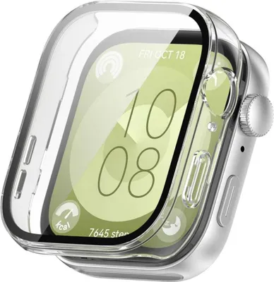 A clear protective case is shown covering a smartwatch.