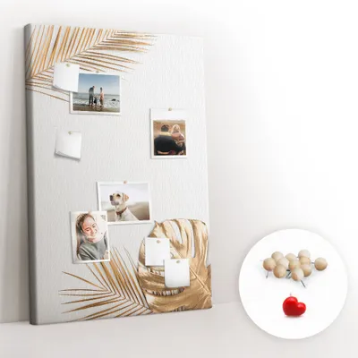 Obrázek produktu pro Korková nástěnka s kolíčky - Tabule s kolíky pro fotografie a poznámky - 80x120 cm - Připínáčky dřevěné 100 kusů - Zlaté listy