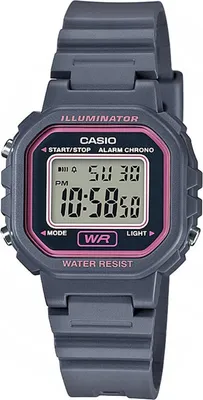 A digital watch with a gray band and a pink bezel, displayed against a light gray background.