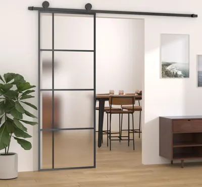 Immagine prodotto di The Living Store Porta scorrevole ESG in vetro e alluminio opaco 90x205 cm Nero