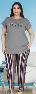 Produktbild von Damen Große Größen Pyjama Grau 3XL Kurz Baumwolle Schlafanzug 2-Teiler Set L-44