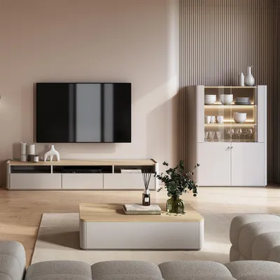 Produktbild von Wohnzimmer Set in Beige mit Eiche, Couchtisch, 200 cm Lowboard, Vitrine inkl. Beleuchtung, 3-teilig - ELOY-141