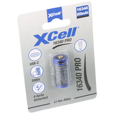 Obrázek produktu pro XCell Pro 16340 Li-Ion baterie CR123A chráněná Li-Ion baterie, s nabíjecím konektorem USB-C, min. 800mAh max. 850mAh, 3,6 V