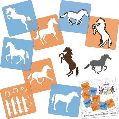 Produktbild von Schablonen Malen für Kinder, 8 Stück Set 15x15 cm Pferde, Kinder Kreatives Zeichenschablonen, Kunststoff Wiederverwendbar Malschablone
