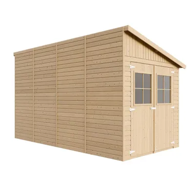 A wooden garden shed with double doors and windows, shown from a three-quarter angle against a white background.