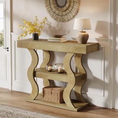 Image de Petite console d'entrée Tribesigns, table basse étroite en bois avec compartiments de rangement et structure incurvée, couloir, hall d'entrée, entrée