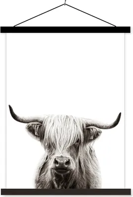 Produktbild von MuchoWow® Textilposter Schottisches Hochlandrind - Tiere - Schwarz - Weiß 90x120 cm mit schwarzem Rahmen - Dekoration