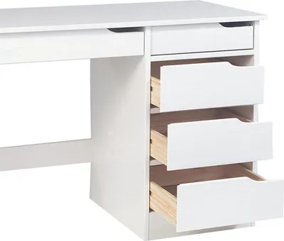 Produktbild von Schreibtisch HUGO aus massiver Kiefer in weiß, schöner Schülerschreibtisch mit 5 Schubladen, praktischer Bürotisch mit Querstrebe für Stabilität