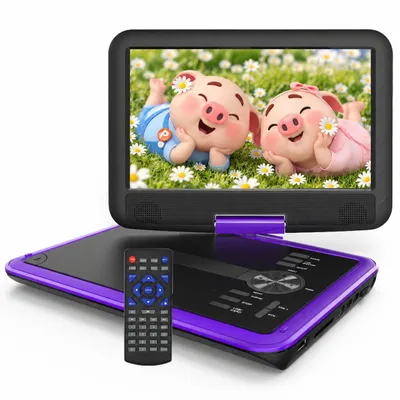 Productafbeelding van 11,5-inch draagbare DVD-speler met een 9,5-inch HD-scherm dat kan worden gedraaid, ideaal voor in de auto. Beschikt over een geheugenfunctie voor het hervatten van het afspelen en heeft een batterijduur van 4-6 uur. Ondersteunt geen Blu-ray