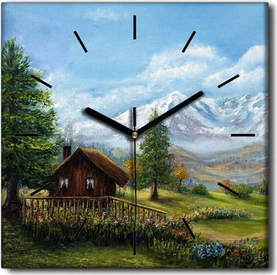 Produktbild von Coloray Uhr auf Leinwand 30x30 cm Wand Uhr Dekoration Wohnzimmer Segeltuch schwarze Hände -Berge Wiese Landschaftshaus