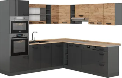 Obrázok produktu pre Rohová kuchyňa Vicco R-Line Goldkraft dub/antracit 247 x 60 cm dvojfarebné skrinky, PD Dub, Model 58714