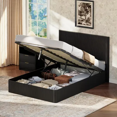 Produktbild von Stauraumbett 140x200 cm Schwarz - Modernes Doppelbett mit Hydraulik-System, Rillenoptik & Bettkasten, robuster Stahlrahmen, inkl. Lattenrost, bis 450 kg belastbar