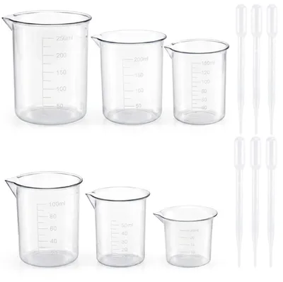 Image de Jeu de 6 béchers gradués, capacité de 25 à 250 ml, avec 6 pipettes de 3 ml en plastique PP transparent