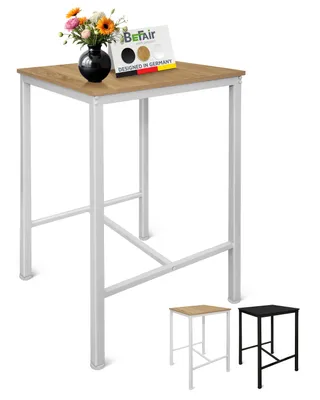A high table with a wooden top and white metal legs, displayed with a vase of flowers and a product information card on top. Smaller images of similar tables in different colors are shown at the bottom.