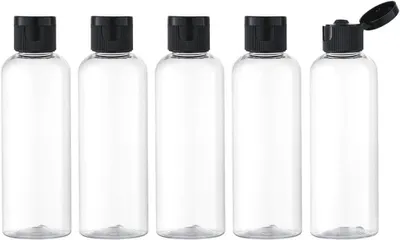 Produktbild von 100 ml leere Klappverschlussflasche (5 Stück), nachfüllbare Reisekosmetikflasche mit Trichter (transparent)