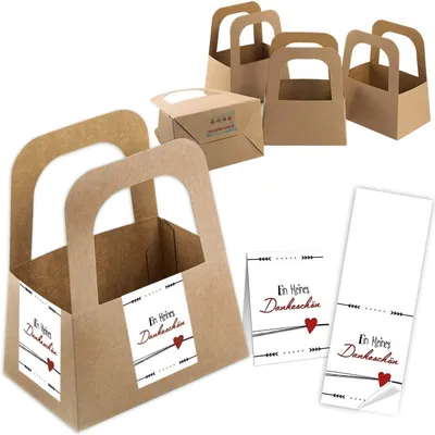 Produktbild von 5 kleine Schachteln mit Henkel + 10 Geschenkaufkleber EIN KLEINES DANKESCHÖN