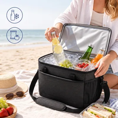 Productafbeelding van Relaxdays Koeltas, 30 liter, waterdicht, met 2 handgrepen en een band, geschikt voor strand, camping en picknick, picknicktas, zwart