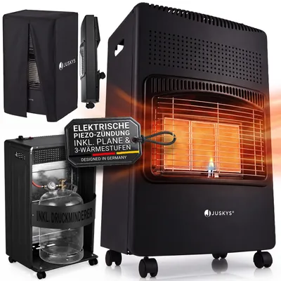 Produktbild von Juskys Keramik Gasheizung GS42US - Schwarz - 4200 Watt mit 3 Heizstufen, Druckregler & Schlauch - Mobil, effizient & energiesparend - Gasheizer Gasheizofen Gasheizgerät Heizstrahler