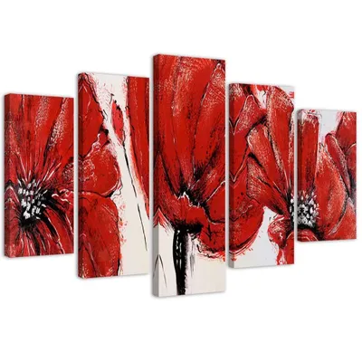 Produktbild von 5-teiliges leinwandbild rote blumen 100x70 cm Feeby rot wandbild bereit zum aufhängen
