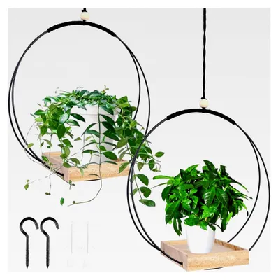 Produktbild von 2 Stück Makramee Blumenampel mit Holzsockel, H93cm Hängetopf für den Innenbereich mit Metallring und Aufhängeschlaufe, Hängende Pflanzgefäße für Wände und Decken in Schwarz