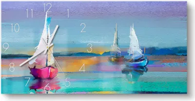 Produktbild von DEQORI Glasuhr 60x30 cm Zahlen 'Drei bunte Segelboote' Wanduhr Glas Uhr Design leise