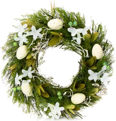 Produktbild von COM-FOUR® Osterkranz mit Blumen aus Holz und Eiern, dekorativer Tischkranz, Türkranz mit Aufhänger, stylische Osterdekoration