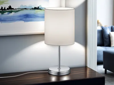 Produktbild von Klassische LED Tischleuchte 1 flammig Chrom Stoffschirm in Weiß, 28cm hoch