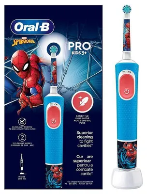 Produktbild von Elektrische Kinderzahnbürste Oral-B Pro Kids Spiderman, 2D-Reinigung, 2 Programme, 1 Aufsatz, 4 Aufkleber, Für 3+ Jahre, Blau