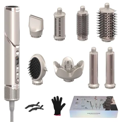 Productafbeelding van 8-in-1 haarstylingapparaat, föhn, multifunctionele haarstyler, AirStyler, 1600W, haarstylingapparaat met 110000 RPM motor, haardroger met luchtkussenborstel, krultang, champagnekleur