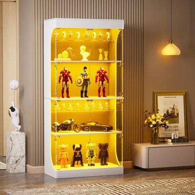 Produktbild von Glasvitrine 165 cm, 4-stöckig, LED, Glastüren, Weiß, intelligente Sensoren, 80x35x165 cm