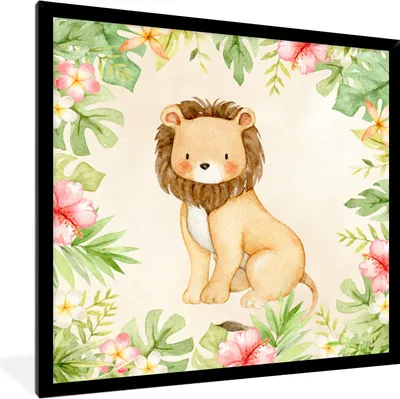 Produktbild von MuchoWow® MuchoWow® Gerahmtes Poster Dschungel - Löwe - Aquarell 40x40 cm - Poster mit zchwarzem Bilderrahmen - Mit Rahmen - Wanddekoration Schlafzimmer