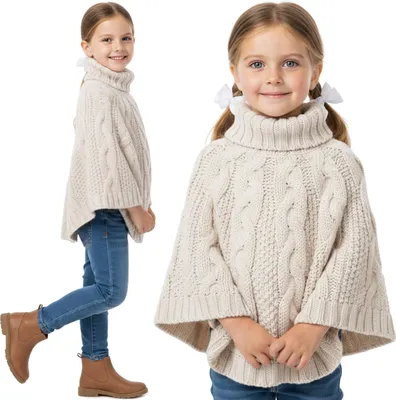 Produktbild von Beiger Kinderponcho für Mädchen – weicher Strick, Rollkragen, warm und bequem 116