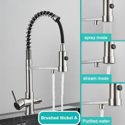 Immagine prodotto di Miscelatore da cucina con filtro per l'acqua - Miscelatore per lavello SA803 - Rotazione a 360° - Doccetta estraibile - Acqua calda e fredda - 2 maniglie - Installazione monoblocco - Finitura in nichel spazzolato