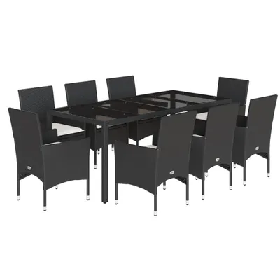 Produktbild von vidaXL 9-tlg. Garten-Essgruppe mit Kissen Schwarz Poly Rattan und Glas