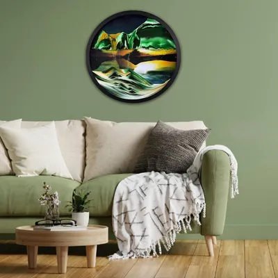 Rundes 3D-Zandbild, 60 cm, grün, fließender Rahmen, Wanddeko