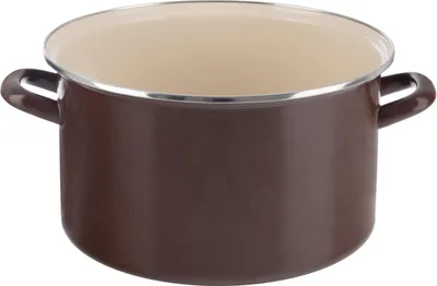 A brown enamel pot with cream interior and silver rim and handles, shown from a front-side angle against a white background.