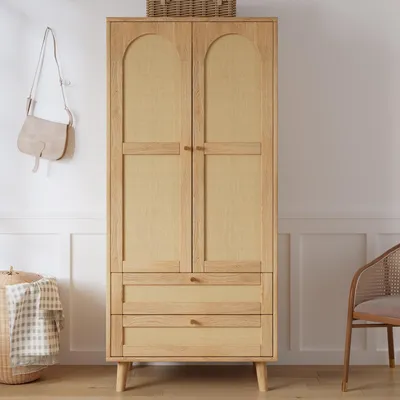Produktbild von Kleiderschrank mit Rattan-Design 80x50x180cm aus MDF in Naturholz-Optik mit Kleiderstange und 2 Schubladen für Schlafzimmer